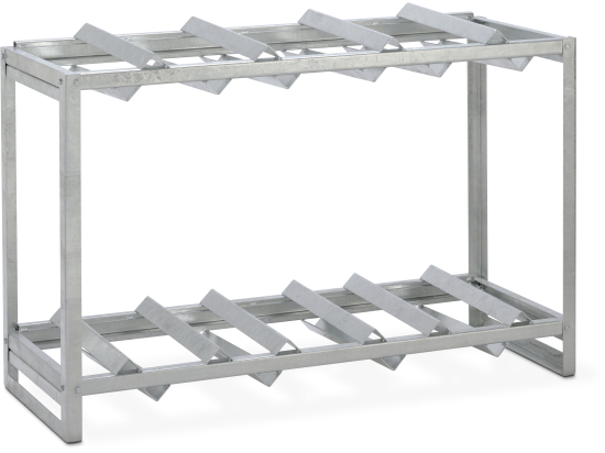 Scaffale per fusti per deposito di sostanze pericolose in acciaio, stoccaggio orizzontale dei fusti, struttura zincata, per ogni livello di stoccaggio 2 fusti da 200 L o 3 fusti da 60 L, omologazione StawaR