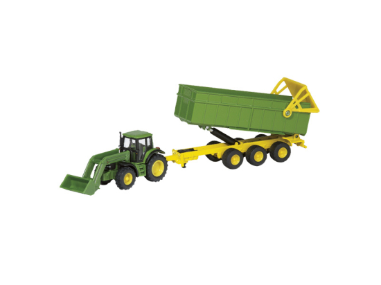 Trattore John Deere con caricatore anteriore e rimorchio