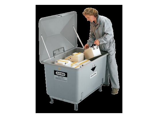 Waste battery container 400L with steel base, grey RAL 7036